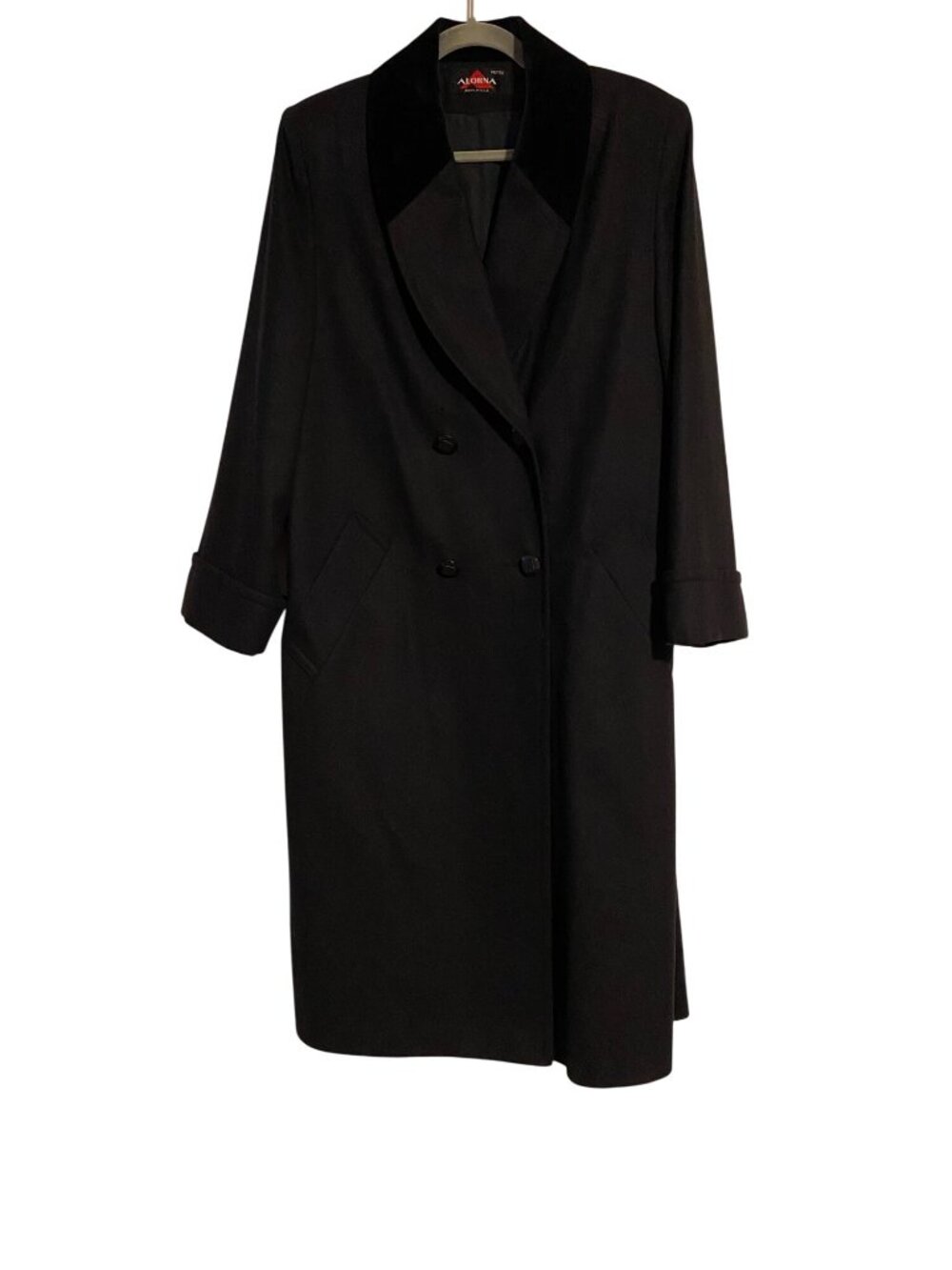 Alorna Petite Women's Size 12 Black Long Wool Coat Velvet Collar Winter Vintage